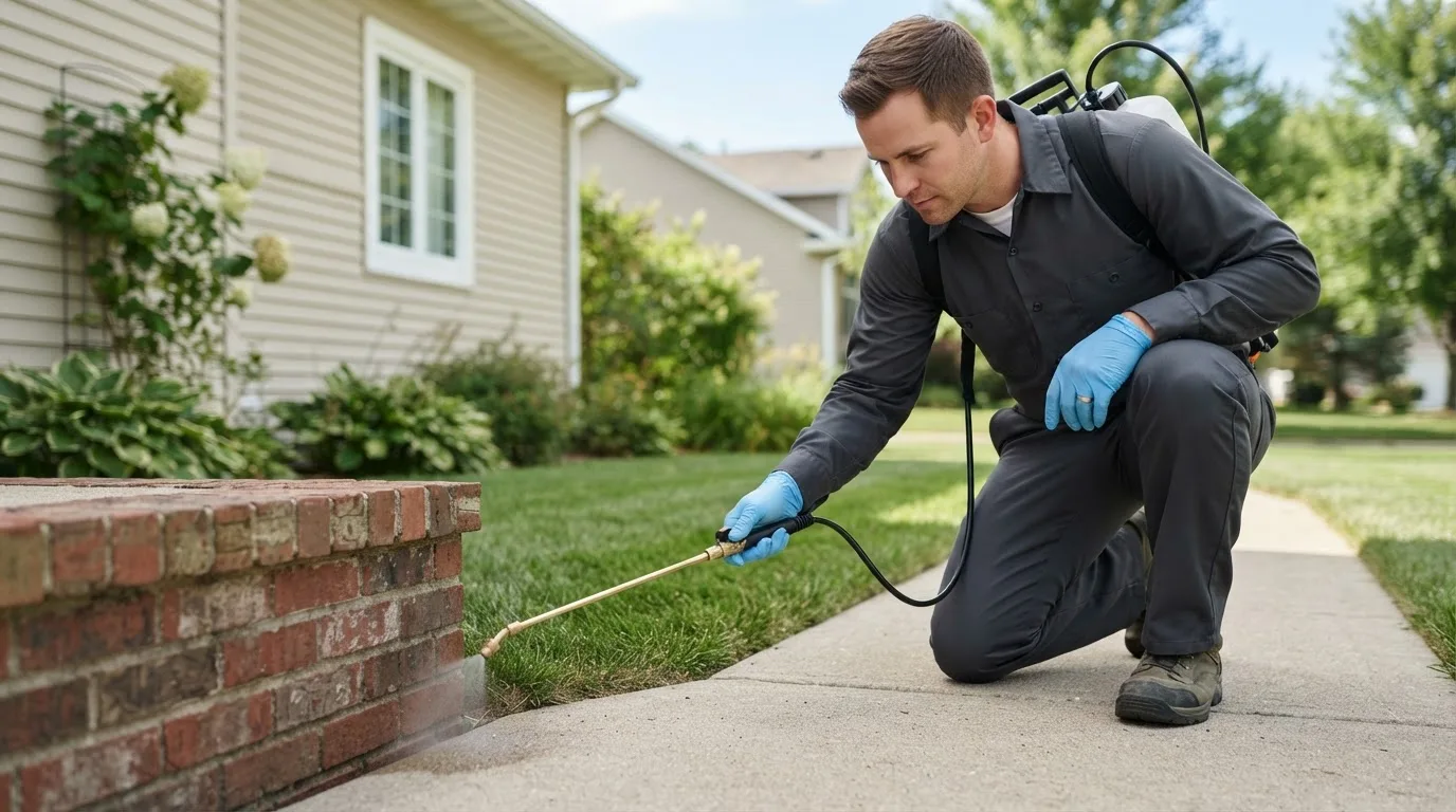 Pest control technician treating a home near Peacham, VT