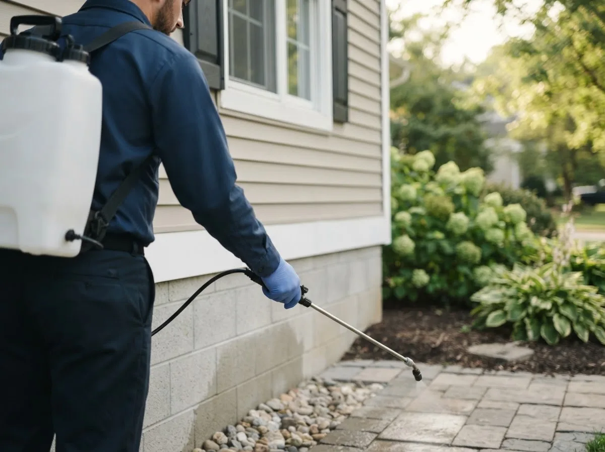 Pest control technician inspecting a home in Peacham, VT